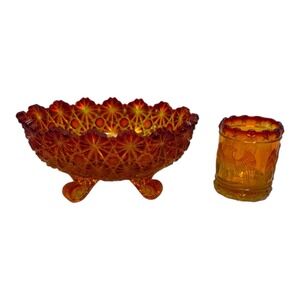 Amber Glass Footed Bowl & Eagle Tumbler Lot 2 Mid Century Starburst Decor